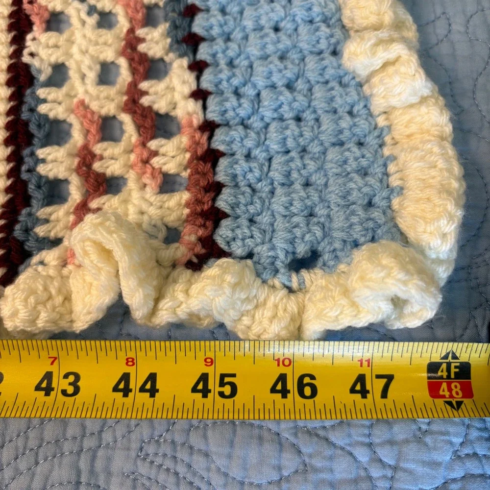 Handmade Crochet Sampler Afghan Throw Blanket Blue Pink Cream Ruffle Trim 47x47